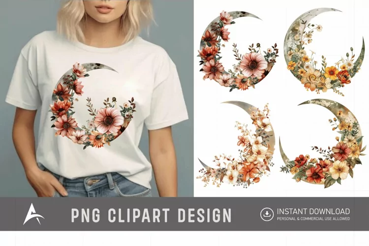 Watercolor Floral Moon Clipart