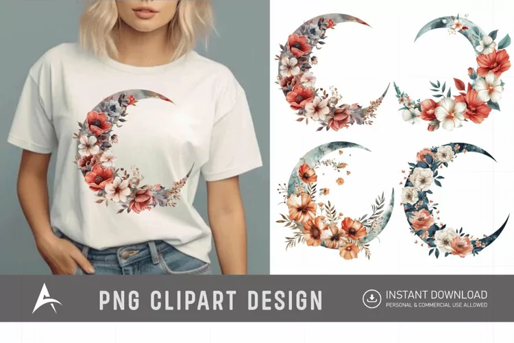 Watercolor Floral Moon Clipart