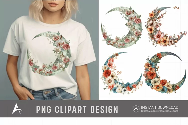 Watercolor Floral Moon Clipart