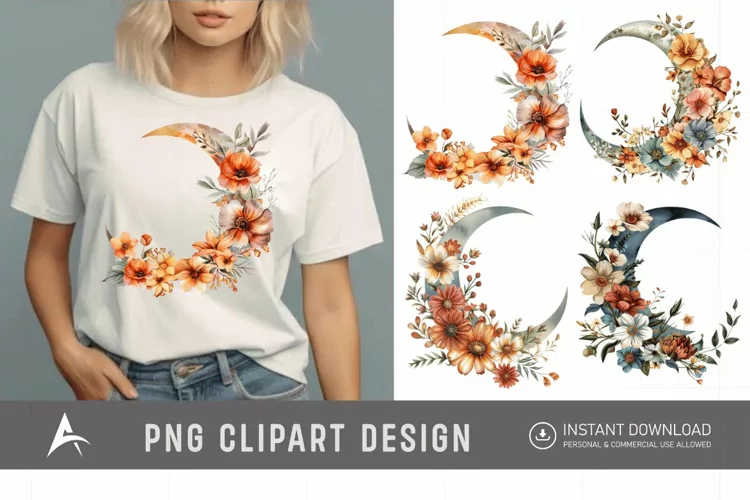 Watercolor Floral Moon Clipart