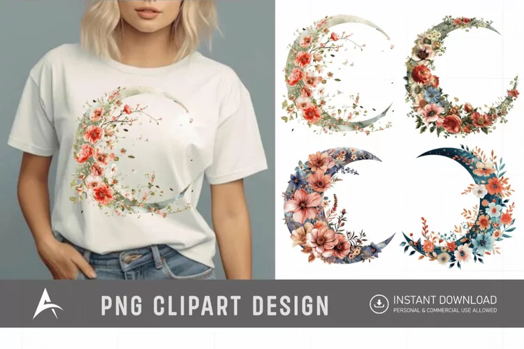 Watercolor Floral Moon Clipart