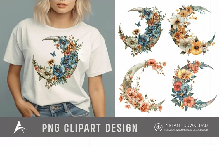 Watercolor Floral Moon Clipart