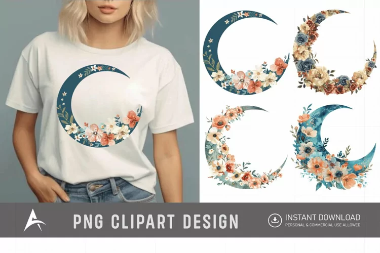Watercolor Floral Moon Clipart