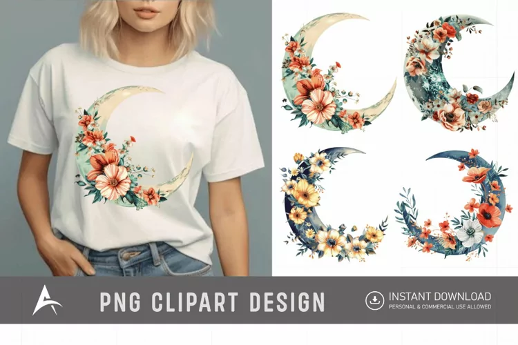 Watercolor Floral Moon Clipart
