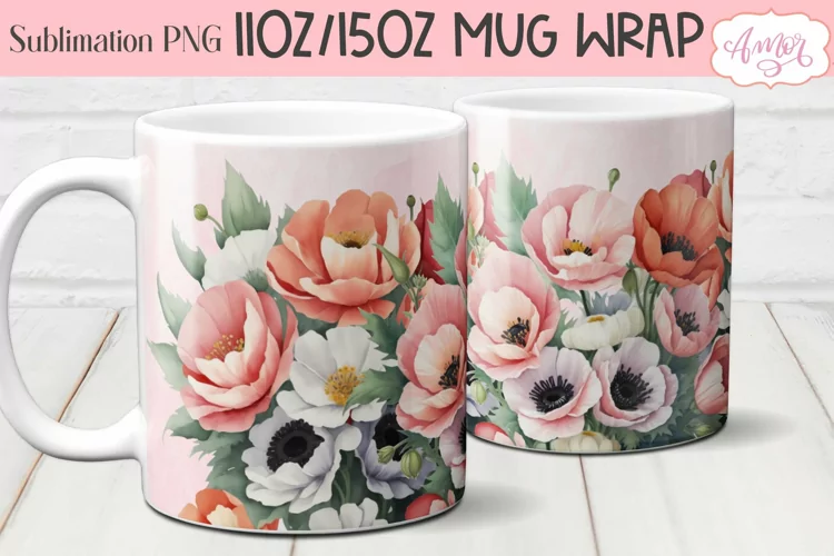 Watercolor floral mug wrap PNG for sublimation, spring mug