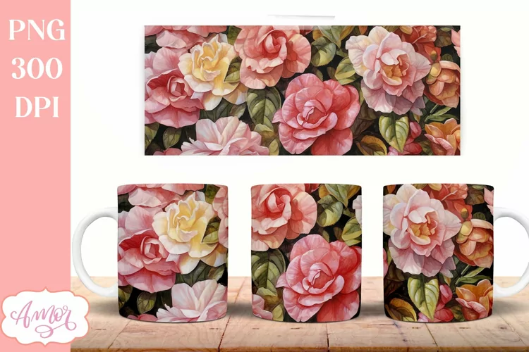 Watercolor floral mug wrap PNG for sublimation
