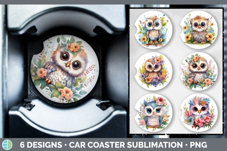 Watercolor Floral Owls Car Coaster | Sublimation Coaster Des