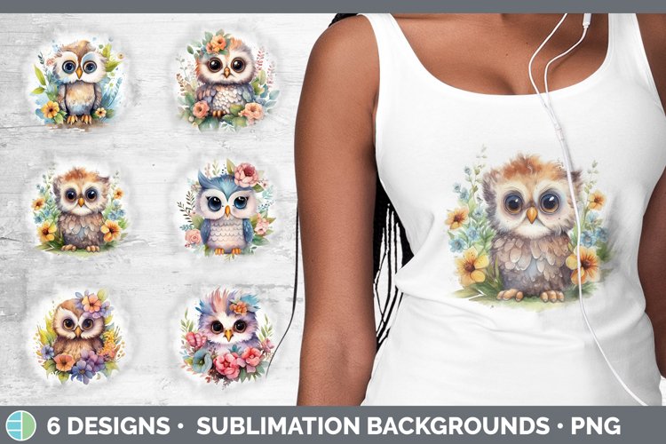 Watercolor Floral Owls Grunge Background | Sublimation Distr