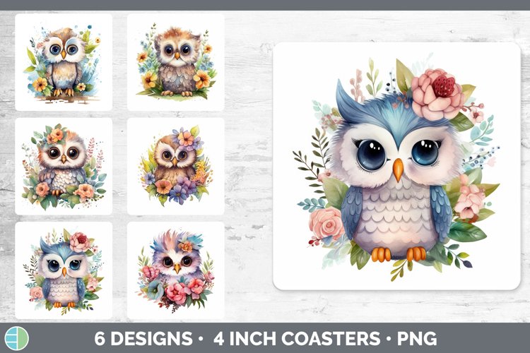 Bundle of six Watercolor Flower Owls Square Coaster designs.