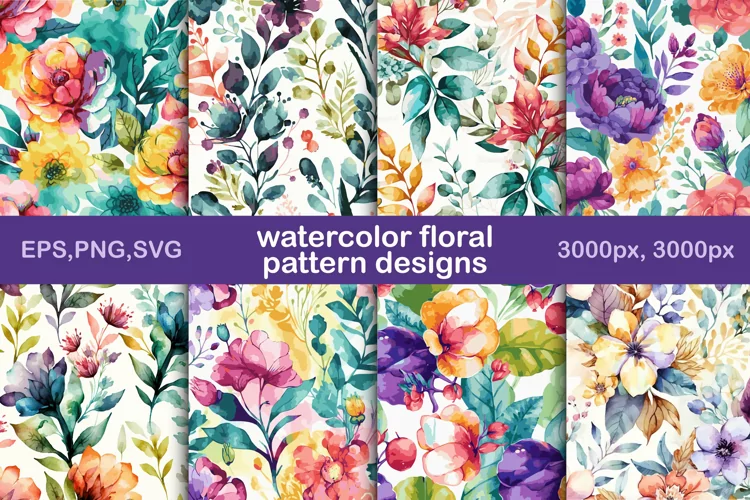 Watercolor Floral Pattern Design Bundle, colorful patterns
