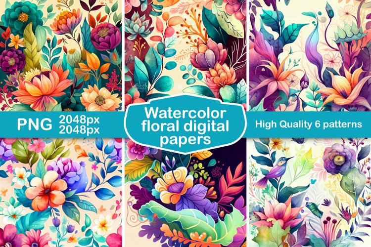 floral watercolor patterns and digital papers example image 1
