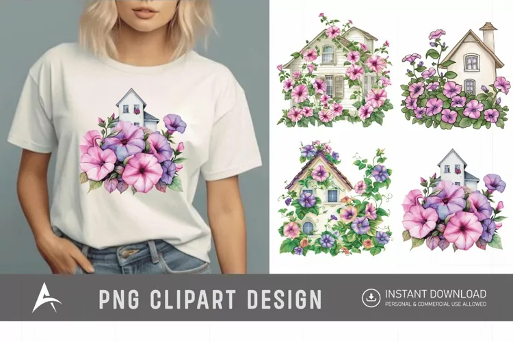 Watercolor Floral Petunia House Clipart