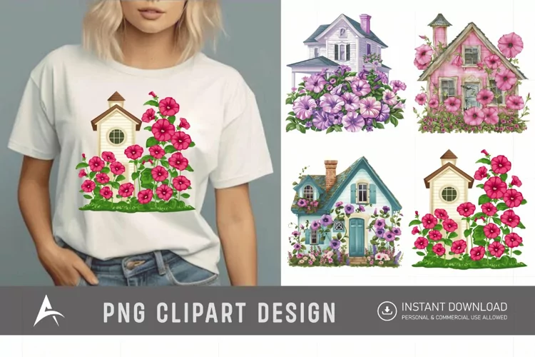 Watercolor Floral Petunia House Clipart