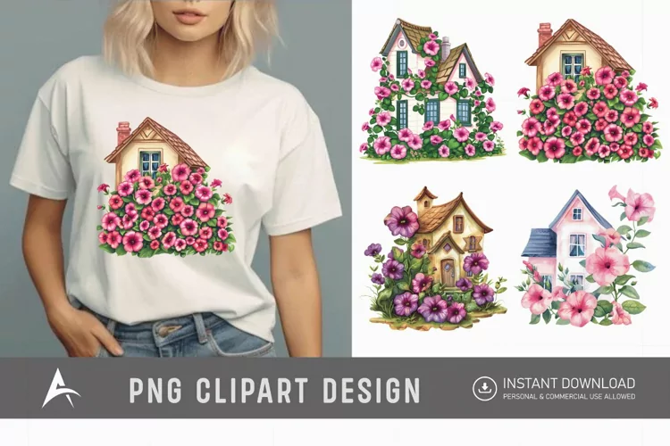 Watercolor Floral Petunia House Clipart