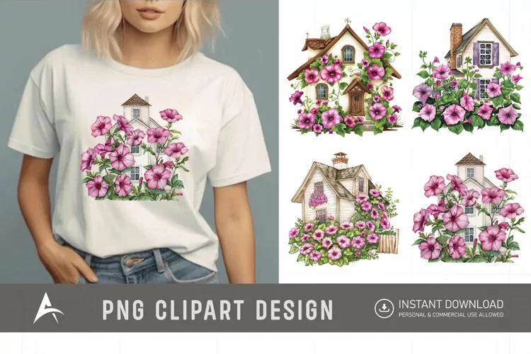 Watercolor Floral Petunia House Clipart