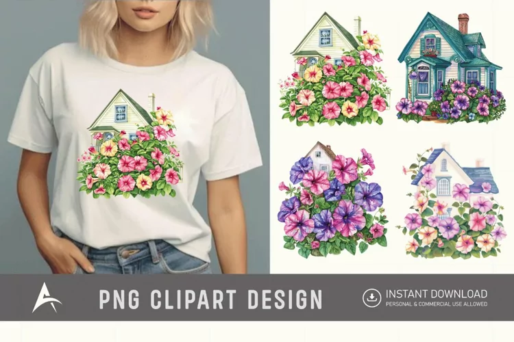 Watercolor Floral Petunia House Clipart