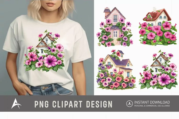 Watercolor Floral Petunia House Clipart