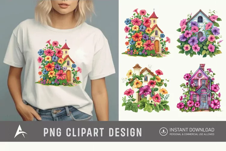 Watercolor Floral Petunia House Clipart