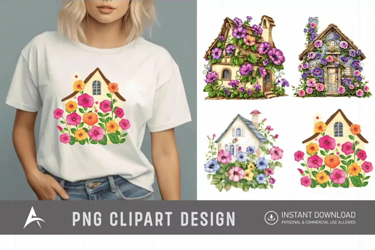 Watercolor Floral Petunia House Clipart