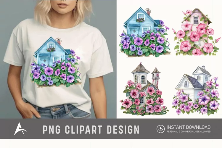 Watercolor Floral Petunia House Clipart