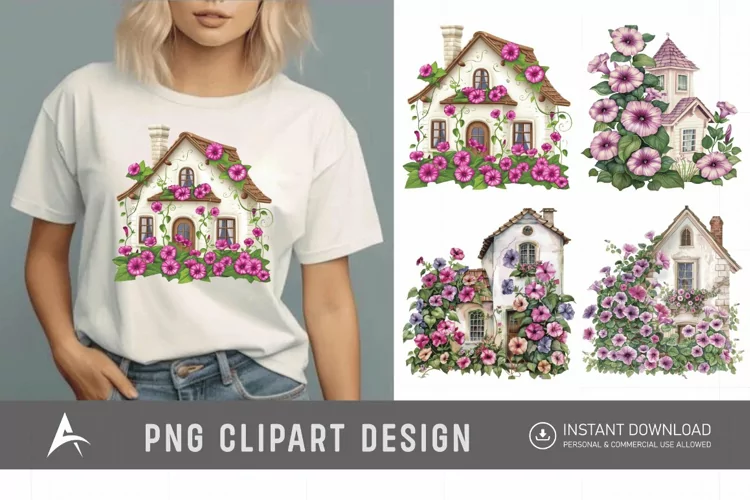 Watercolor Floral Petunia House Clipart