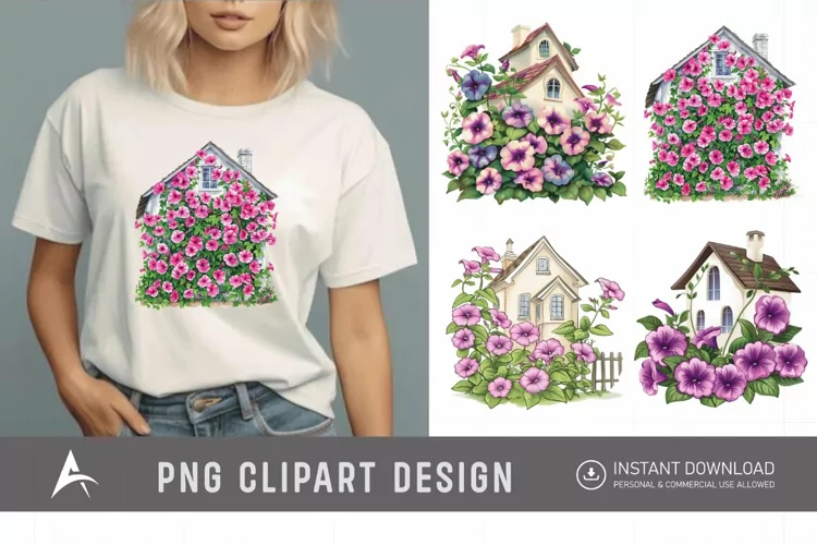 Watercolor Floral Petunia House Clipart