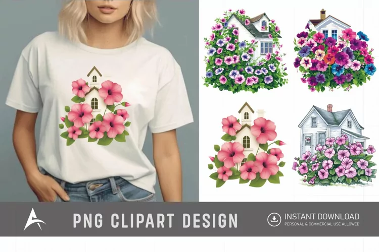Watercolor Floral Petunia House Clipart