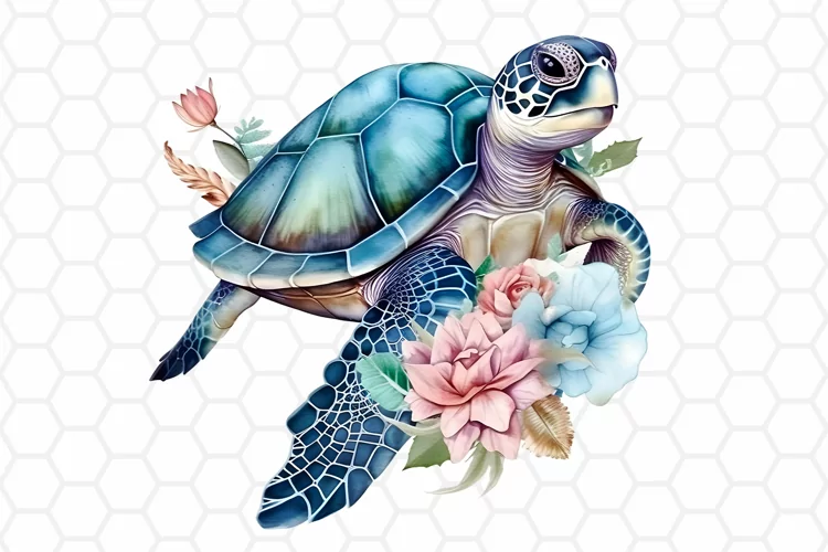 Watercolor Floral Sea turtle Clipart, Sublimation PNG