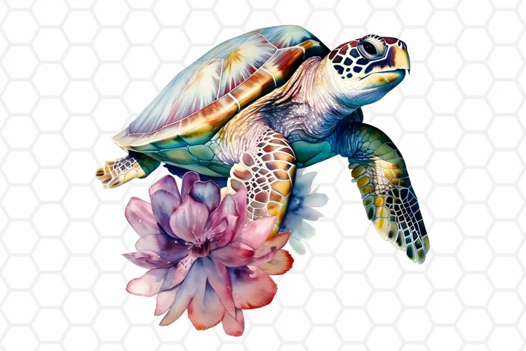 Watercolor Floral Sea turtle Clipart, Sublimation PNG