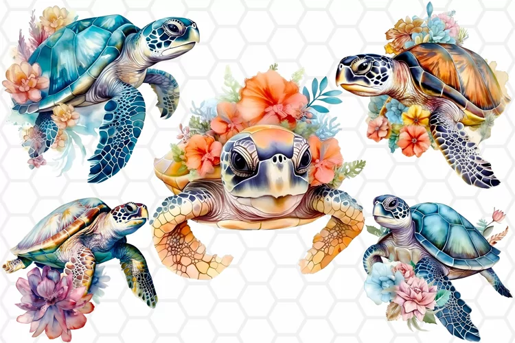 Watercolor Floral Sea turtle Cliparts, Sublimation PNG