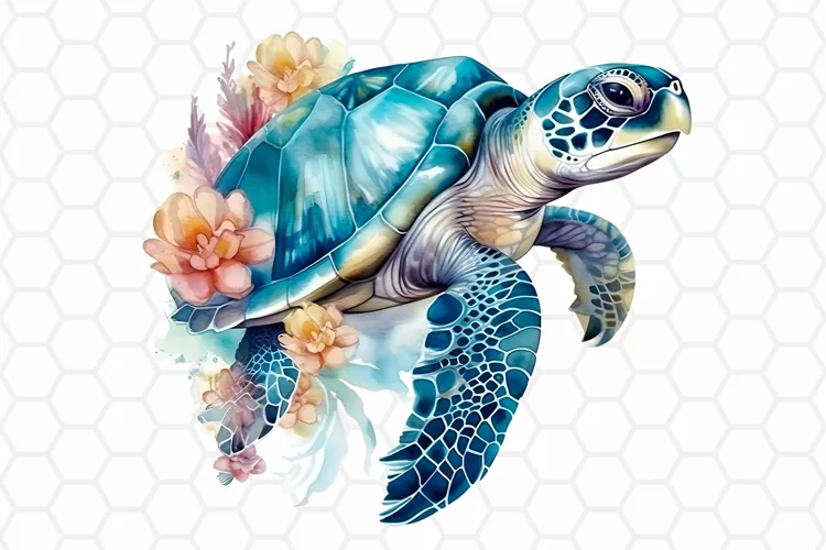 Watercolor Floral Sea turtle Clipart, Sublimation PNG