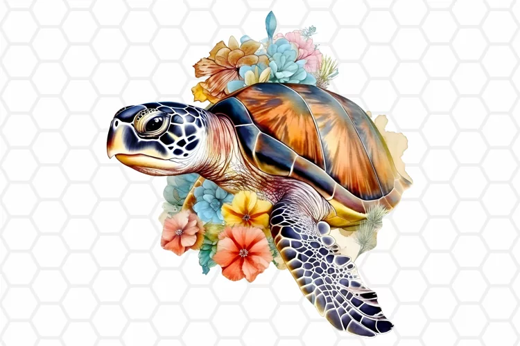 Watercolor Floral Sea turtle Clipart, Sublimation PNG