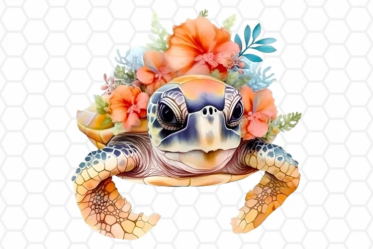 Watercolor Floral Sea turtle Clipart, Sublimation PNG