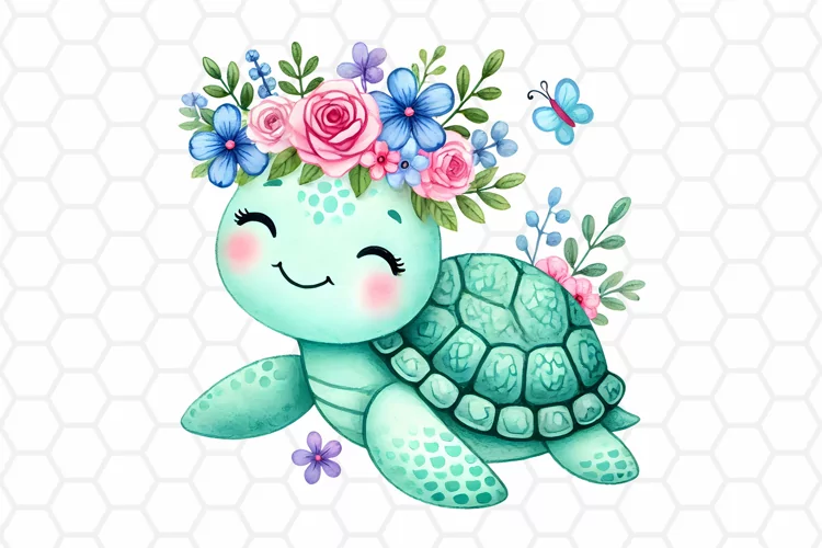 Watercolor Floral Sea turtle Clipart | Sea Turtle PNG Design