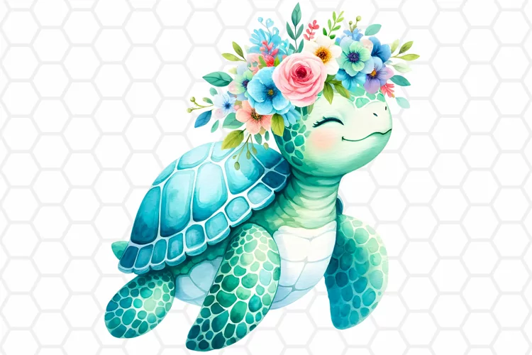 Watercolor Floral Sea turtle Clipart, Sublimation PNG