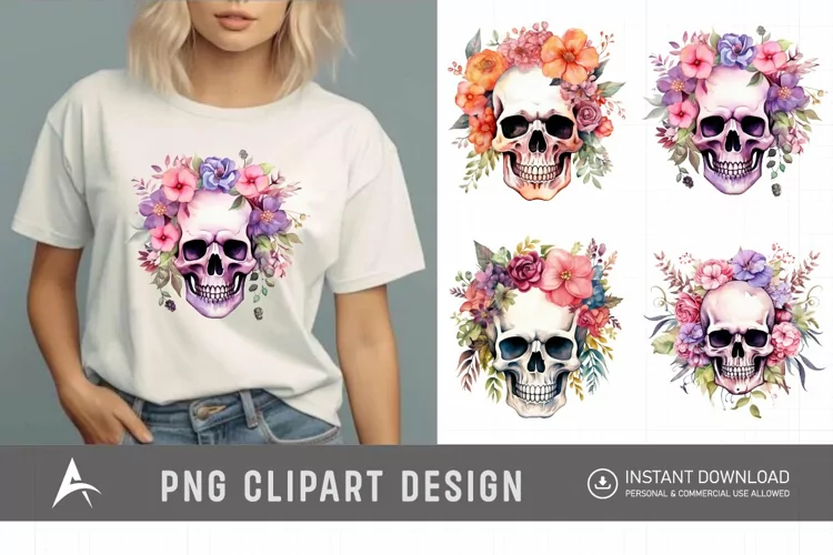 Watercolor Floral Skull Clipart