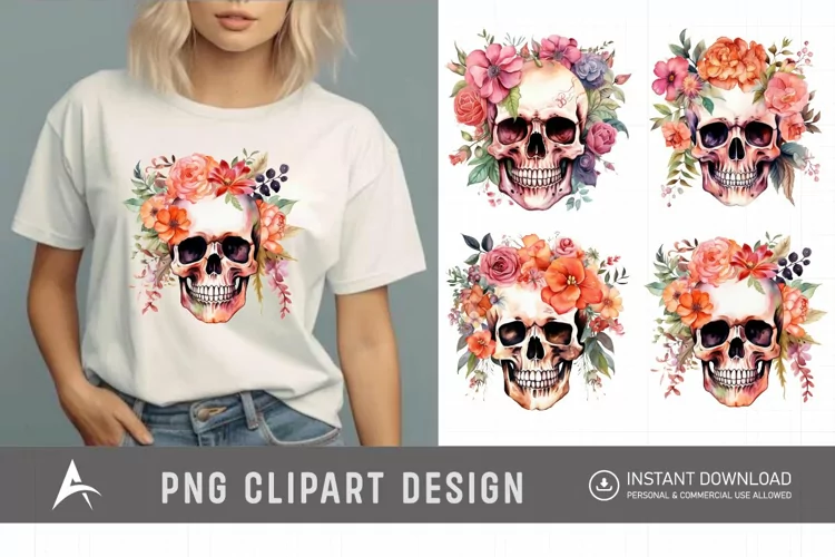 Watercolor Floral Skull Clipart