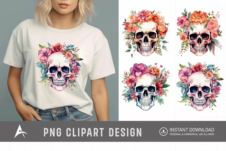 Watercolor Floral Skull Clipart