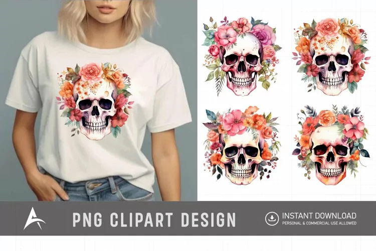 Watercolor Floral Skull Clipart