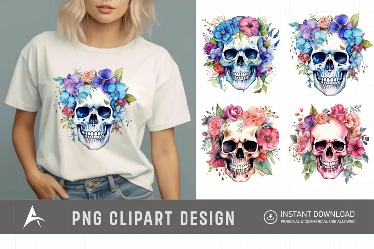 Watercolor Floral Skull Clipart