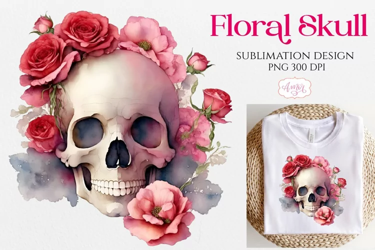 Watercolor floral skull clipart PNG for sublimation