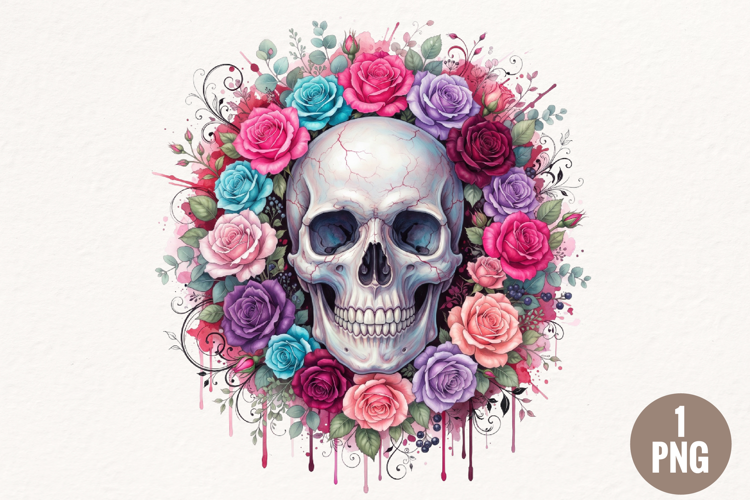 Watercolor Floral Skull PNG