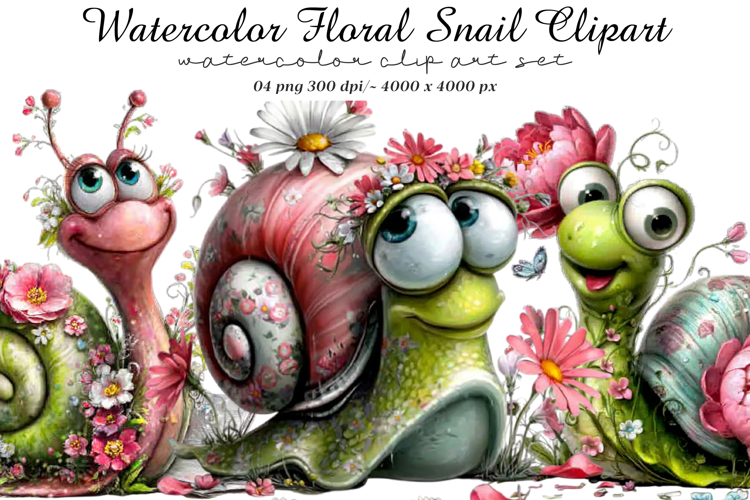 Watercolor Floral Snail Clipart