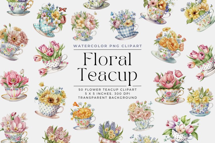 50 Watercolor Vintage Floral Teacup Spring Clipart Png