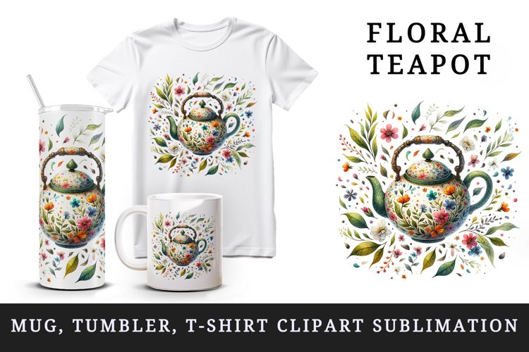 Floral teapot tumbler mug wrap clipart sublimation design
