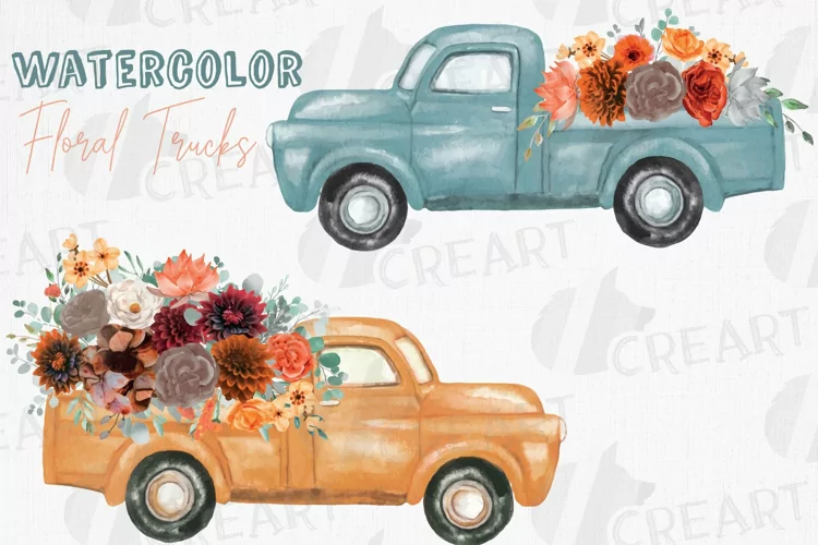 Colours of autumn flower pickup trucks decor design graphic.