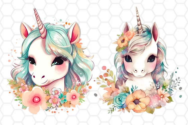 Watercolor Floral Unicorn Cliparts, Sublimation PNG designs