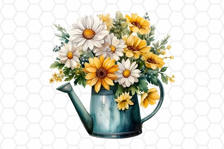 Watercolor Floral Watering Can Clipart, Sublimation PNG