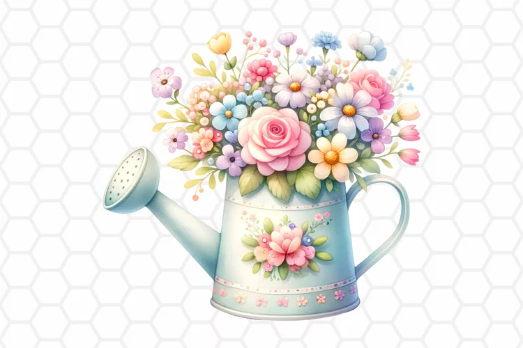 Watercolor Floral Watering Can Clipart, Sublimation PNG