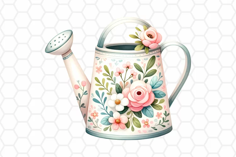 Watercolor Floral Watering Can Clipart, Sublimation PNG